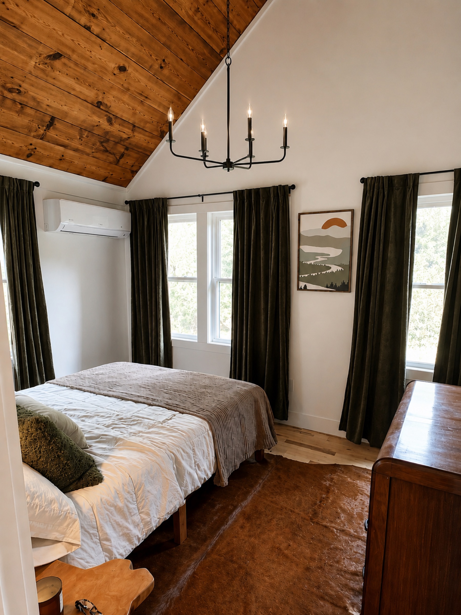 Bedroom with vaulted wood ceiling